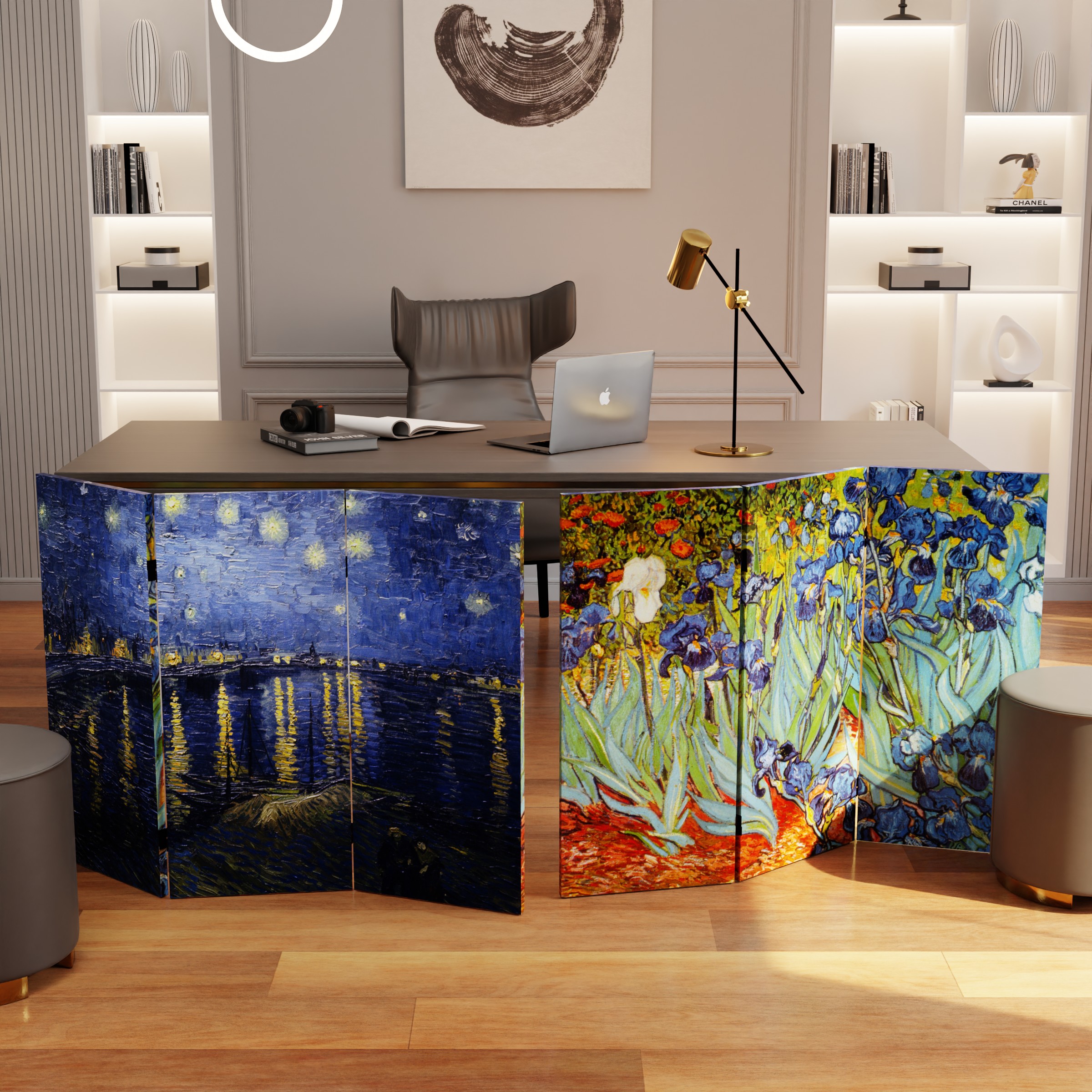 thumbnail image 2 of 3 Ft. Short Double Sided Works Of Van Gogh Canvas Folding Screen Irises/Starry Night Over Rhone 2 of 12